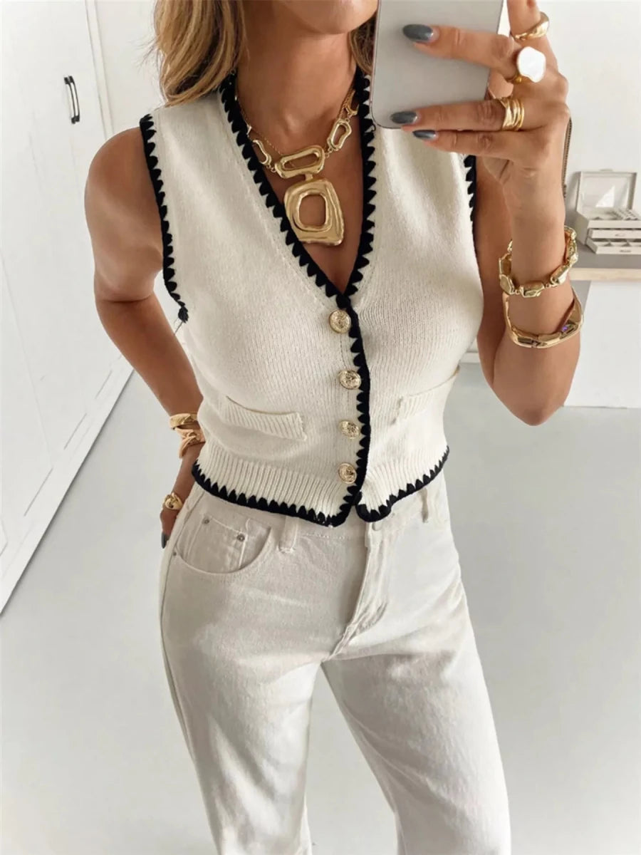 Contrast Trim Button Up Sweater Vest - Wow Store