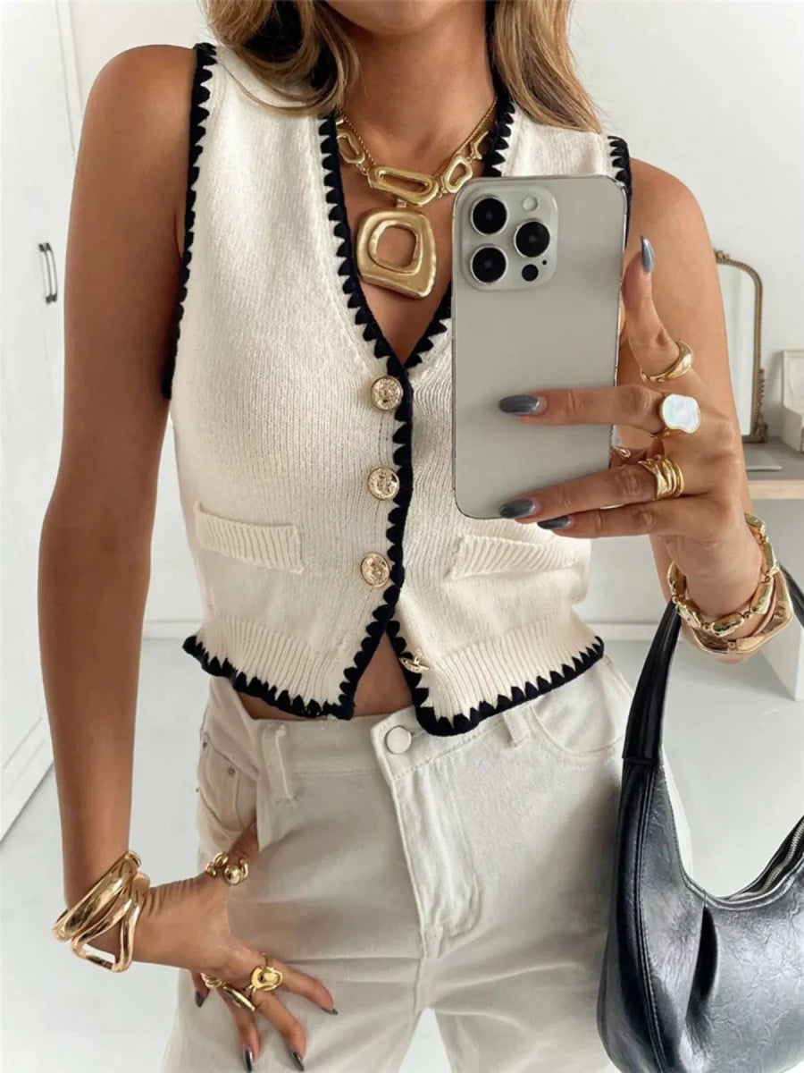 Contrast Trim Button Up Sweater Vest - Wow Store
