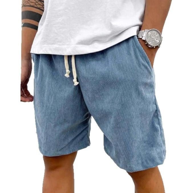 Blue corduroy shorts with a light cord at the waist