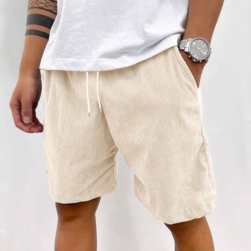 Beige corduroy shorts with a straight, loose leg