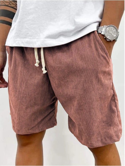 Terracotta corduroy shorts with a white T-shirt