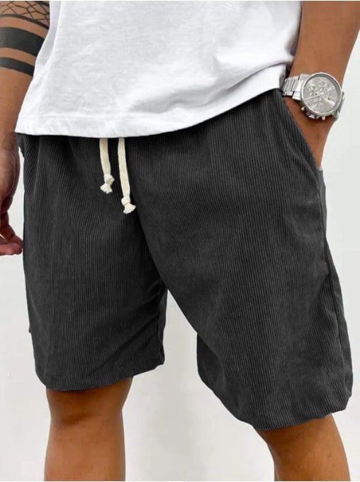 Black corduroy shorts with a light drawstring