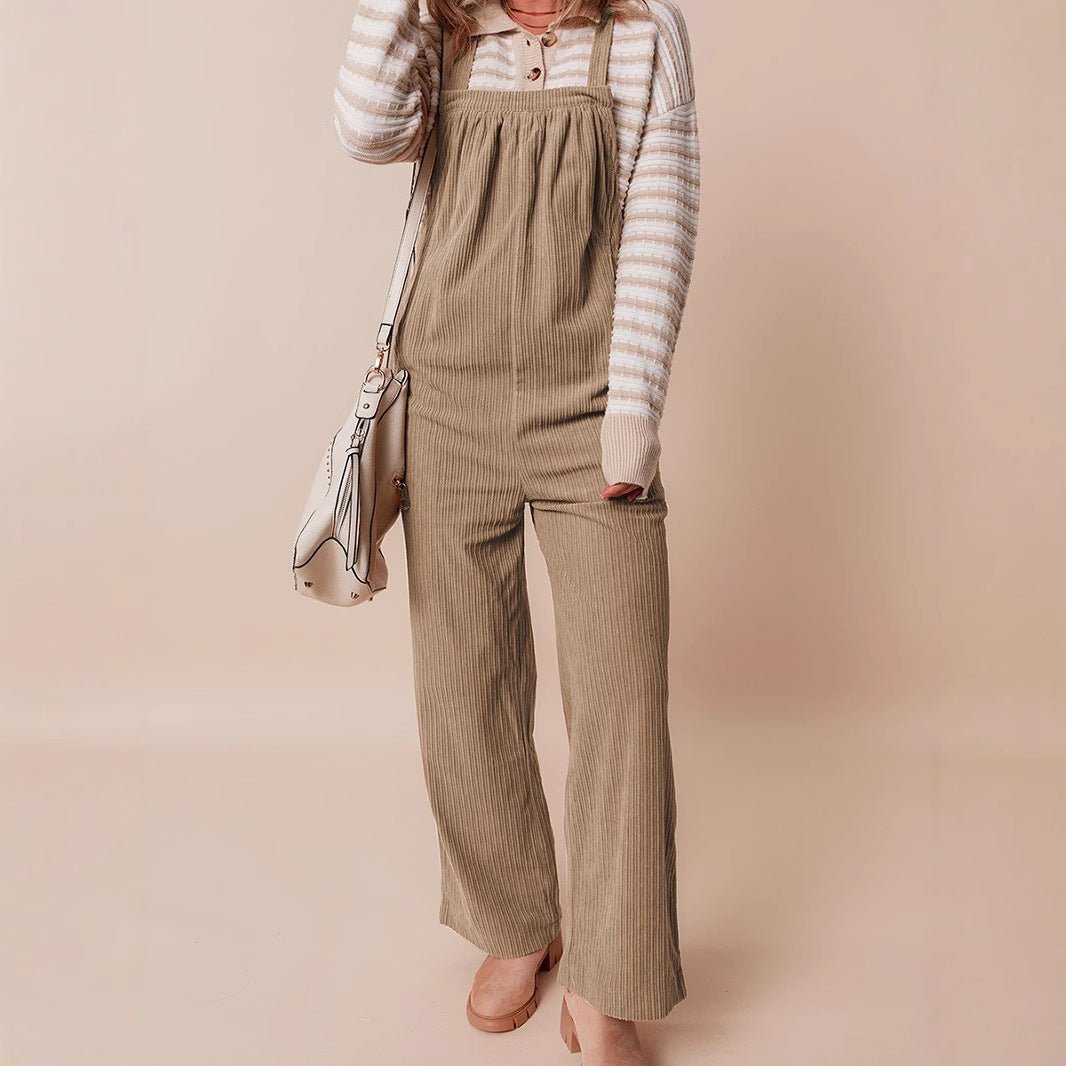 Corduroy Dungarees with Wide Legs, Bib Pocket and Adjustable Straps - WowStore.live