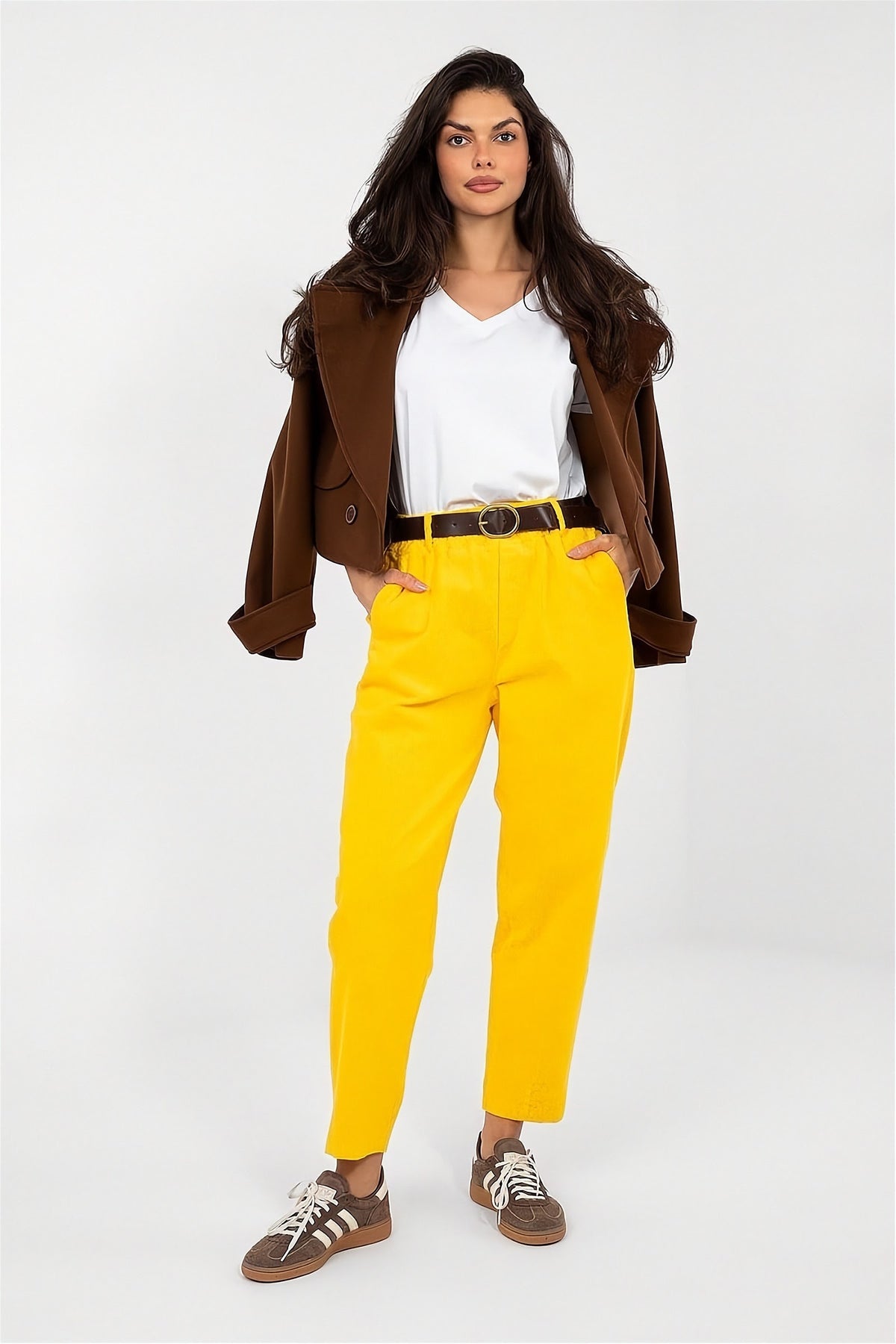 High-Waisted Corduroy Carrot Trousers in yellow