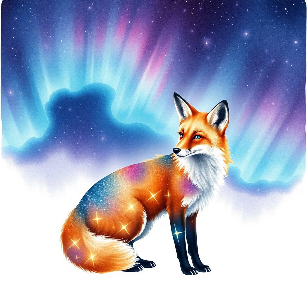 Cosmic fox with constellation fur pattern under aurora borea — Fine Art Poster - Wow Store