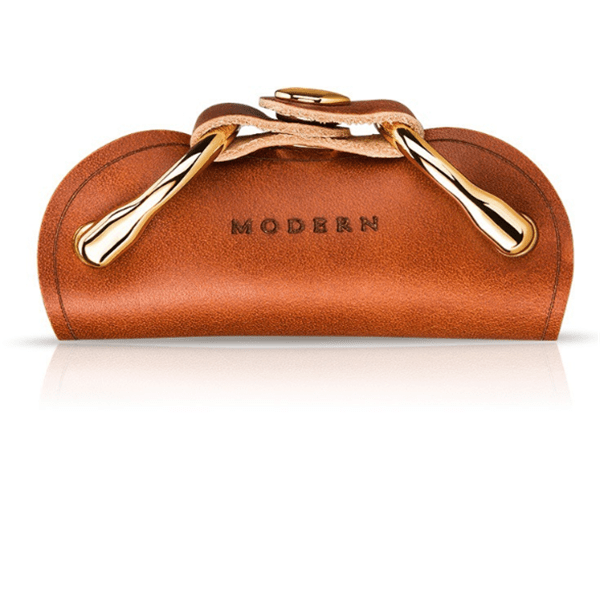 Front view of the closed brown key organiser with a gold-tone clip at each end