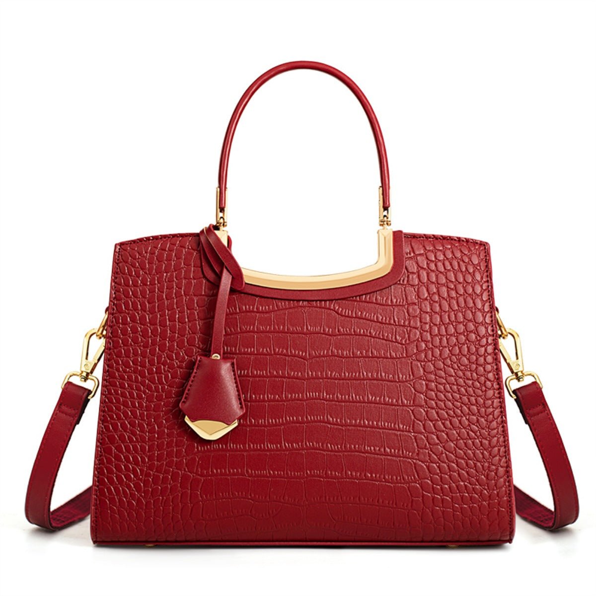 Crocodile embossed leather top handle handbag in brown with gold-tone hardware and structured silhouette - WowStore.live