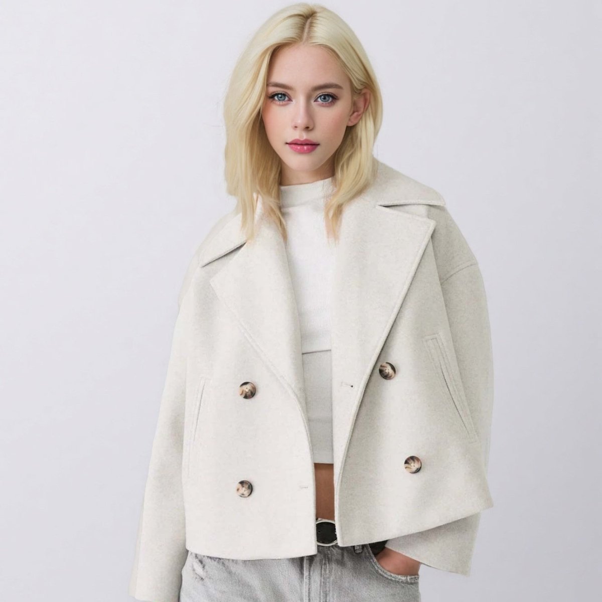Cream cropped double-breasted jacket with gold-tone buttons