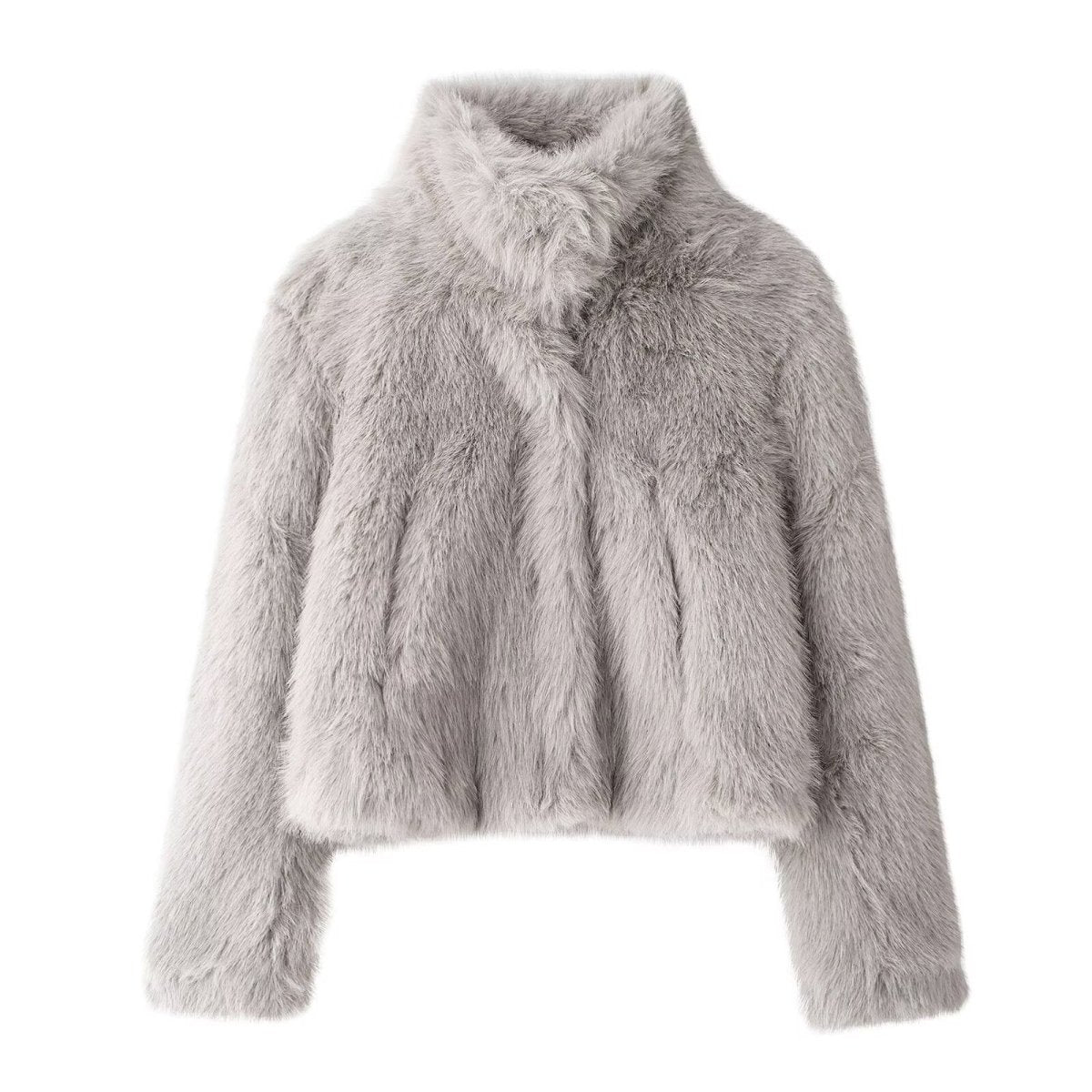 Light grey cropped faux fur jacket, flat lay, second view