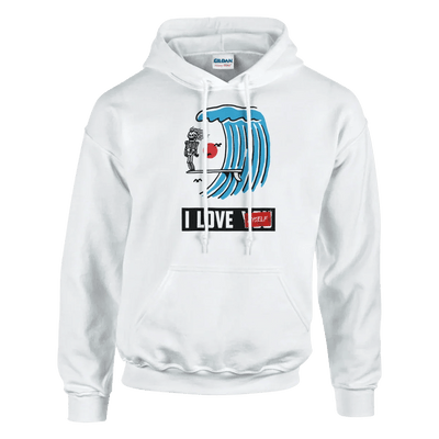 WowStore White Standard-Cut Pullover Hoodie, Kangaroo Pocket, Sample Blue Wave Astronaut Graphic, White Drawstrings, Customizable