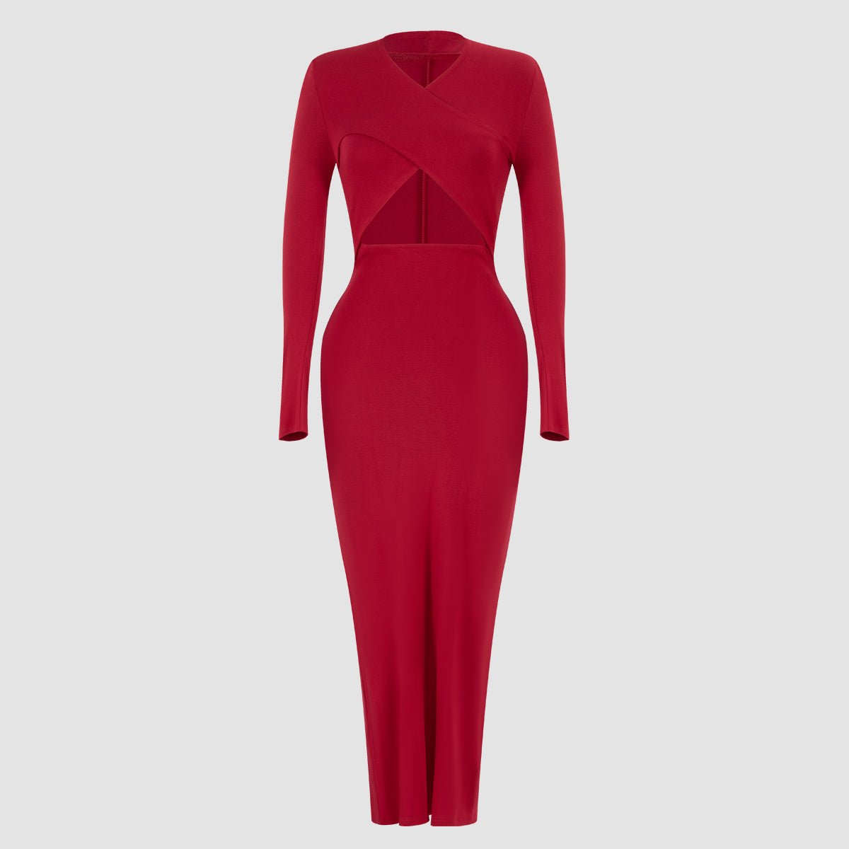 Front of the burgundy dress on grey: crossover V, oval cut-out, ankle length