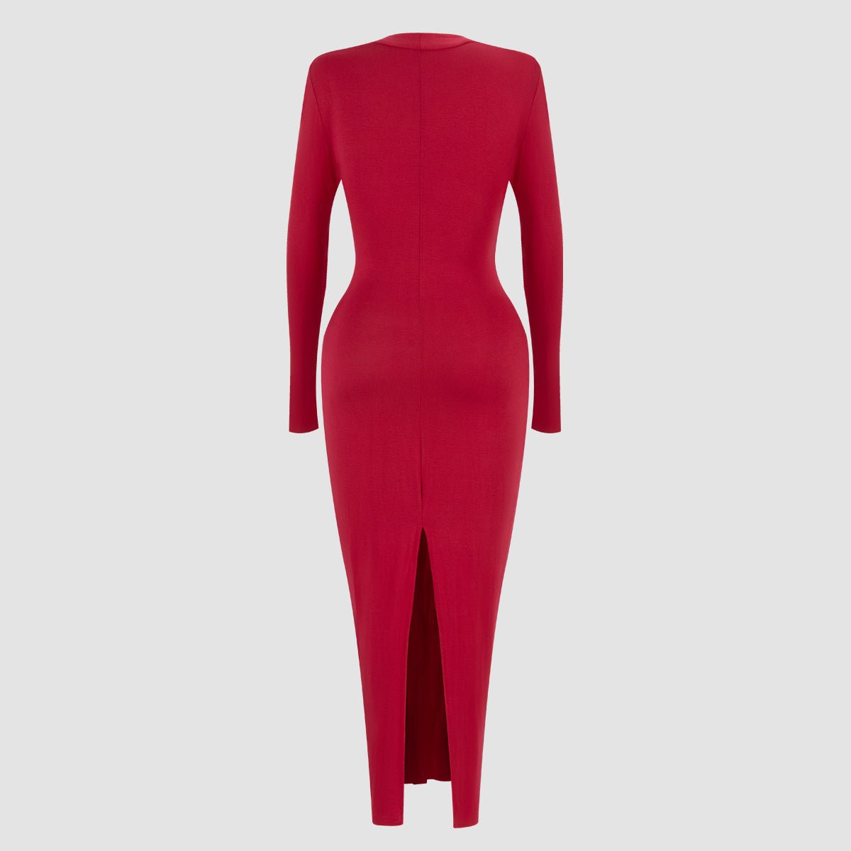 Back of the burgundy dress on grey, with centre seam and slit at the hem