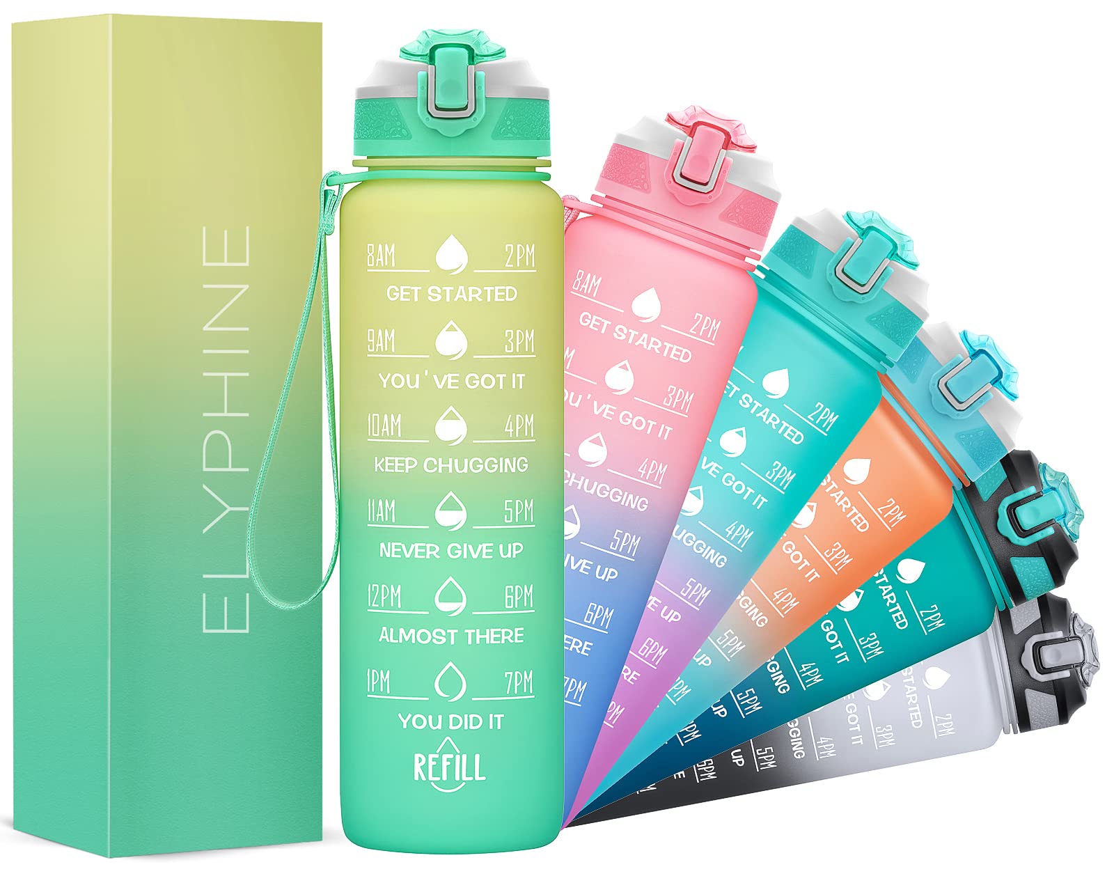 Motivational Sports Water Bottle with Time Markers & Removable Straw