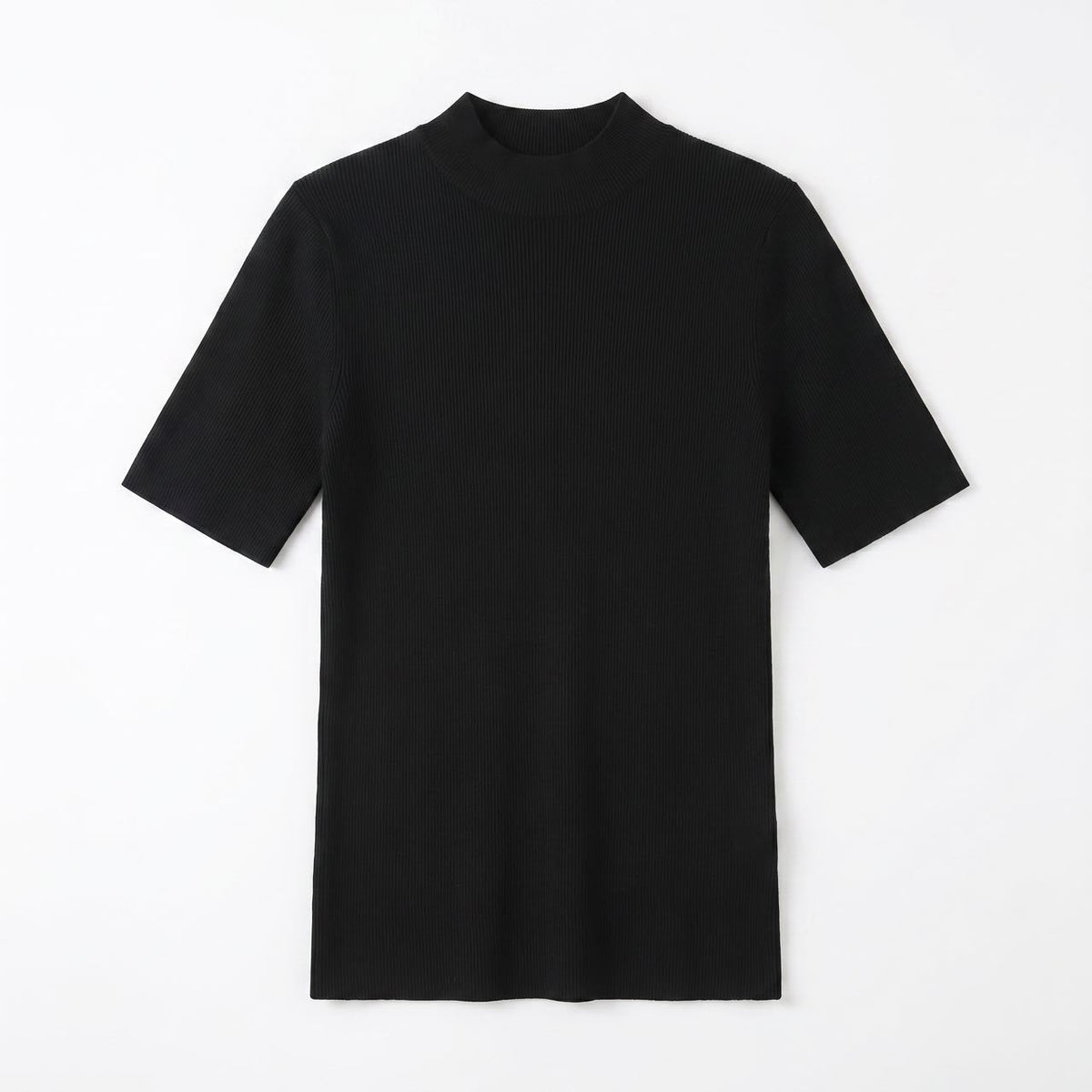Seamless Half-Turtleneck Knit Top, Short Sleeve in black