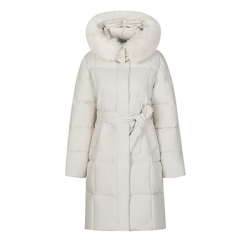 Mid-Length Padded Coat with Faux-Fur Hood and Tie Belt in beige