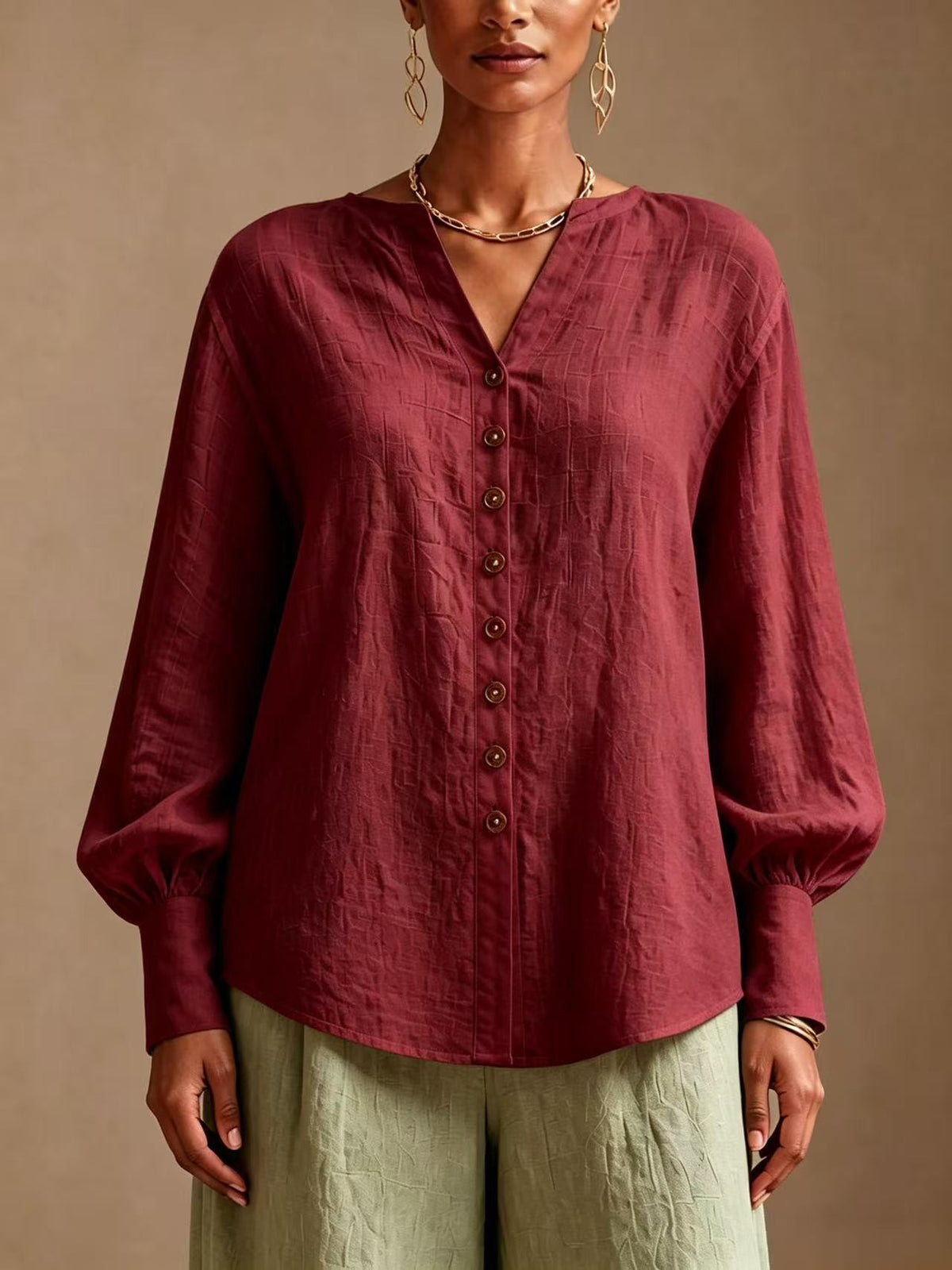 V-Neck Lantern-Sleeve Blouse in wine red