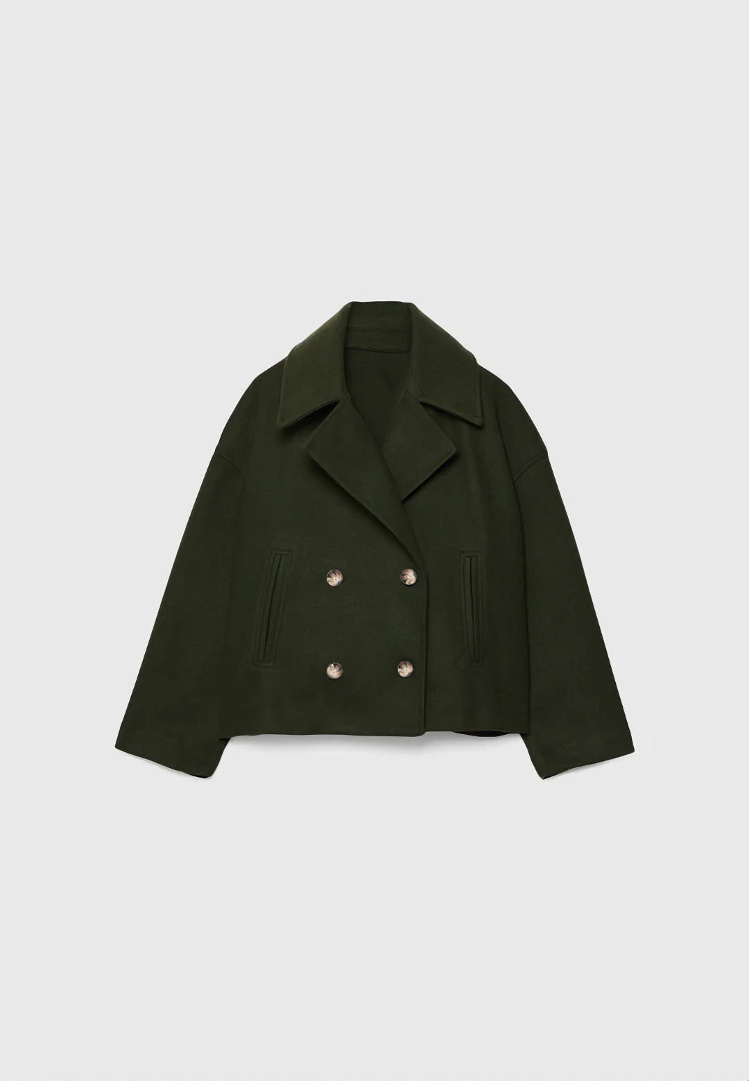 Cropped double-breasted jacket in dark green, flat lay, front view, on a light background
