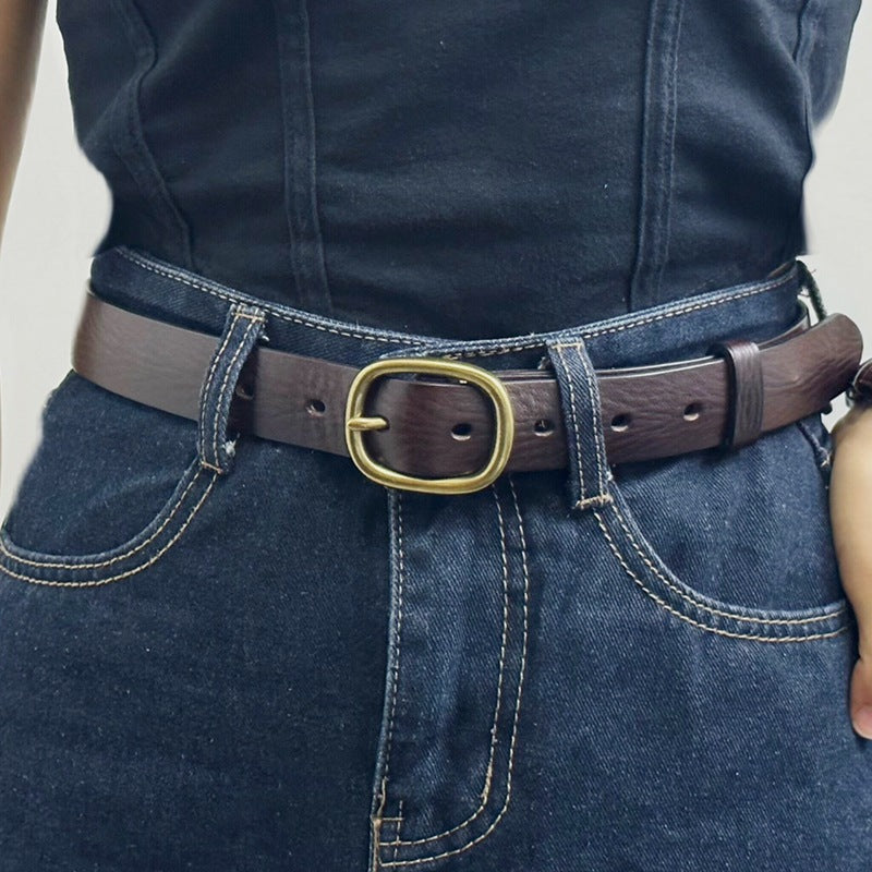 Vintage Leather Belt with Brass-Tone Buckle, 2.8 cm