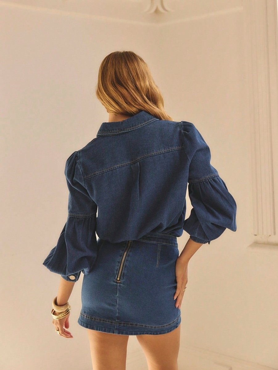 Dark Blue Denim Blouse with Puff Sleeves and Gold-Tone Buttons - WowStore.live