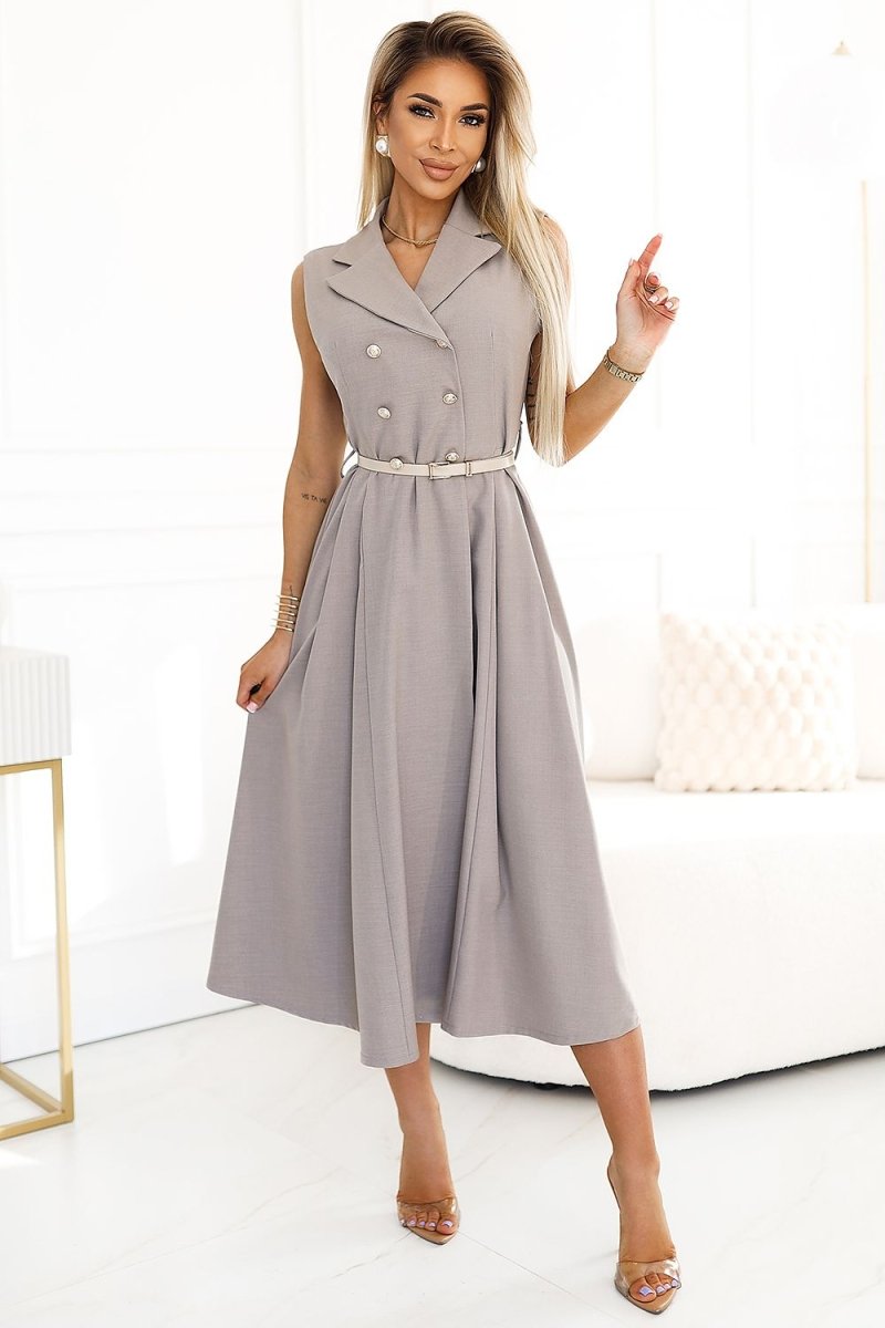 Model wearing grey-beige floral midi day dress with relaxed fit and soft fabric drape