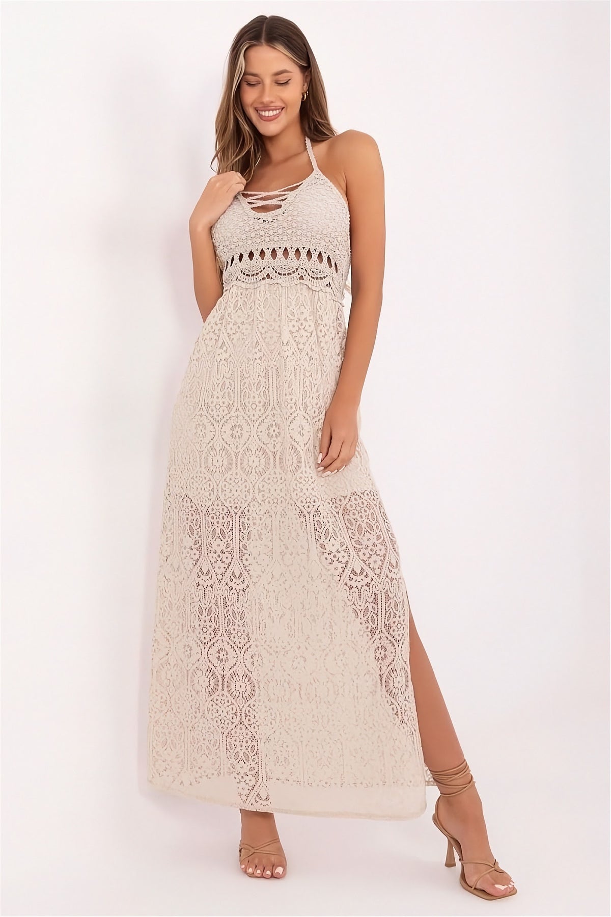 Elegant Italy Moda day dress in soft beige with delicate floral print and flattering A-line silhouette — perfect summer wear
