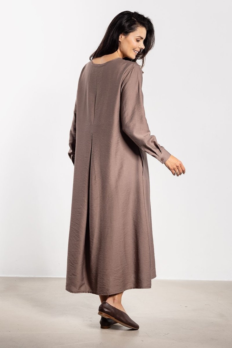 Elegant floral midi sundress with V-neck and A-line silhouette – Awama women's day dress in brown print