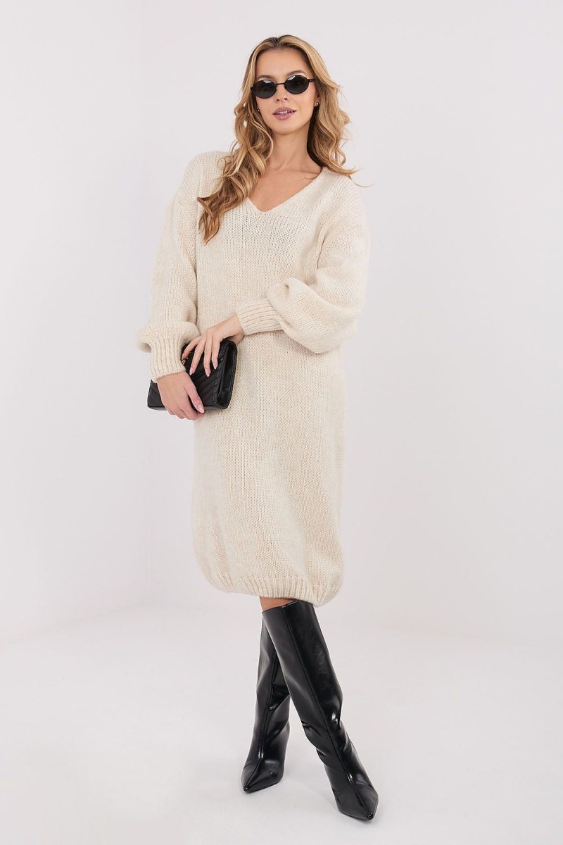 Beige knit day dress with relaxed fit and V-neck, casual everyday wear from Factory Price