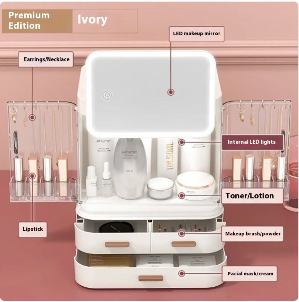 Cosmetics Storage Box with Mirror and LED Light