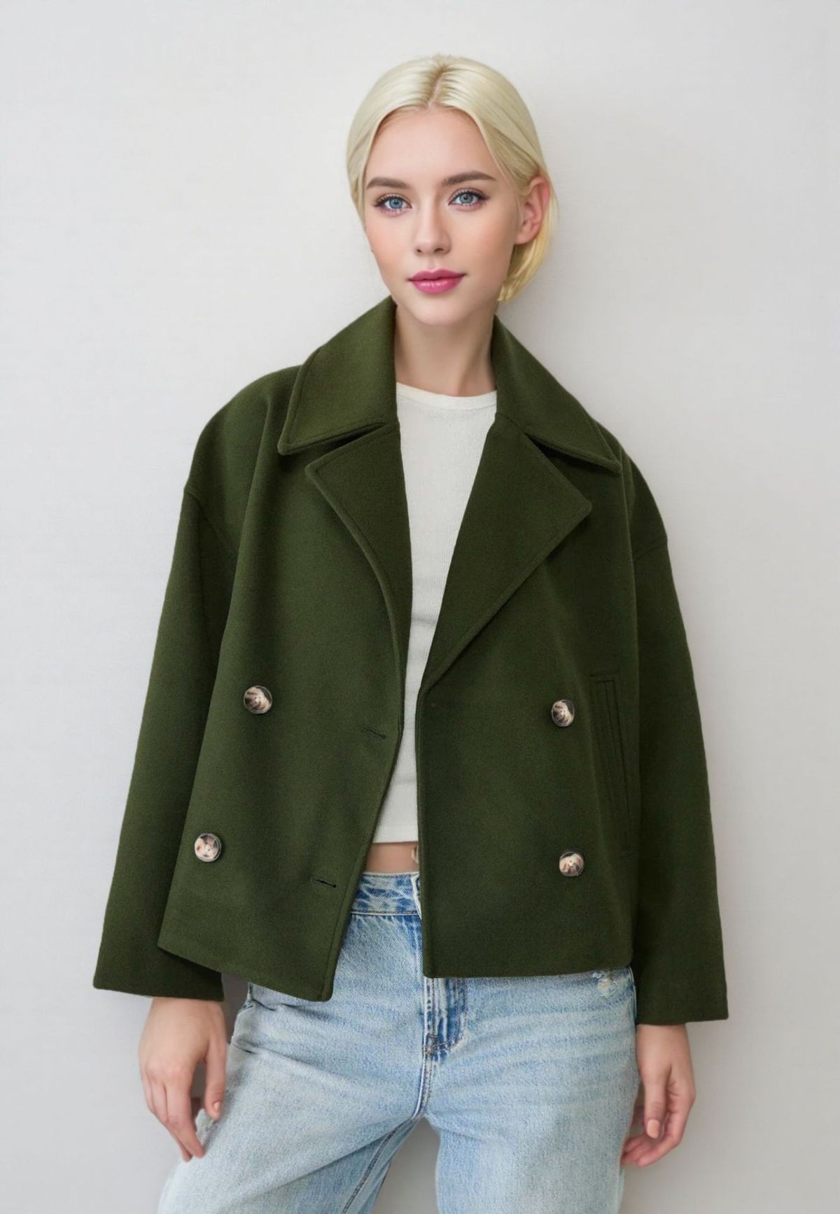 Cropped Double-Breasted Jacket with Gold-Tone Buttons in army green