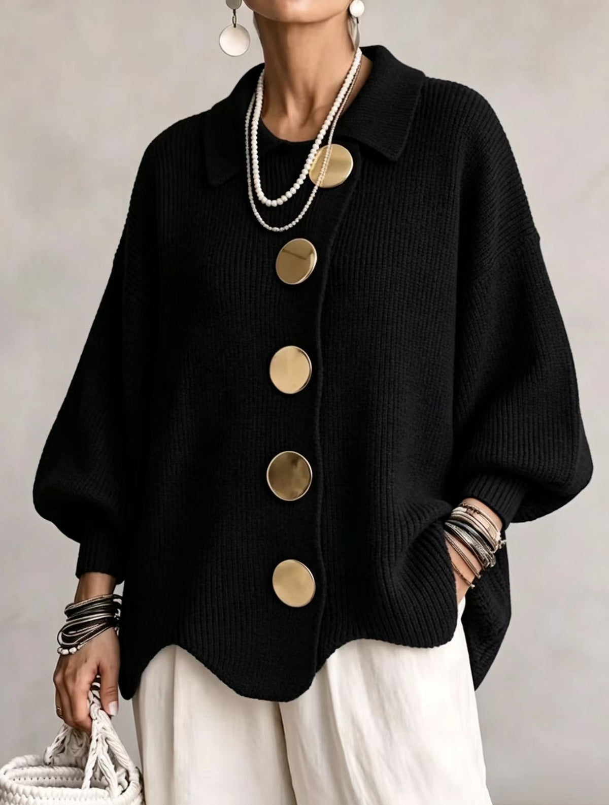 Collared Knit Cardigan with Oversized Buttons
