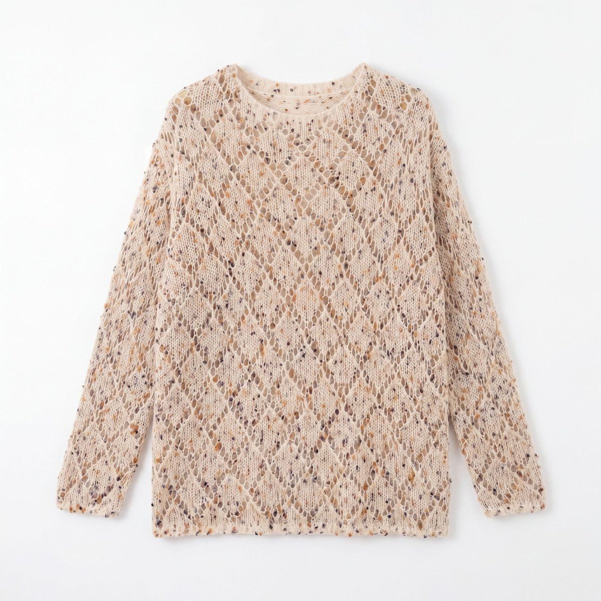 Oatmeal fleck diamond open-knit jumper laid flat on a white background