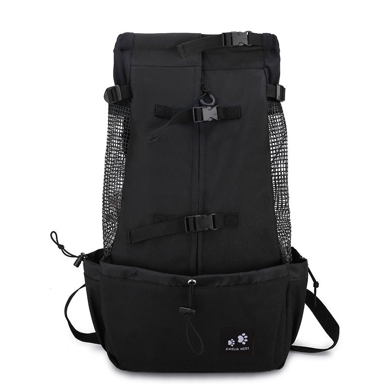 Black dog backpack carrier on a white background, front view