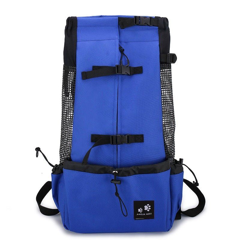 Blue dog backpack carrier on a white background, front view