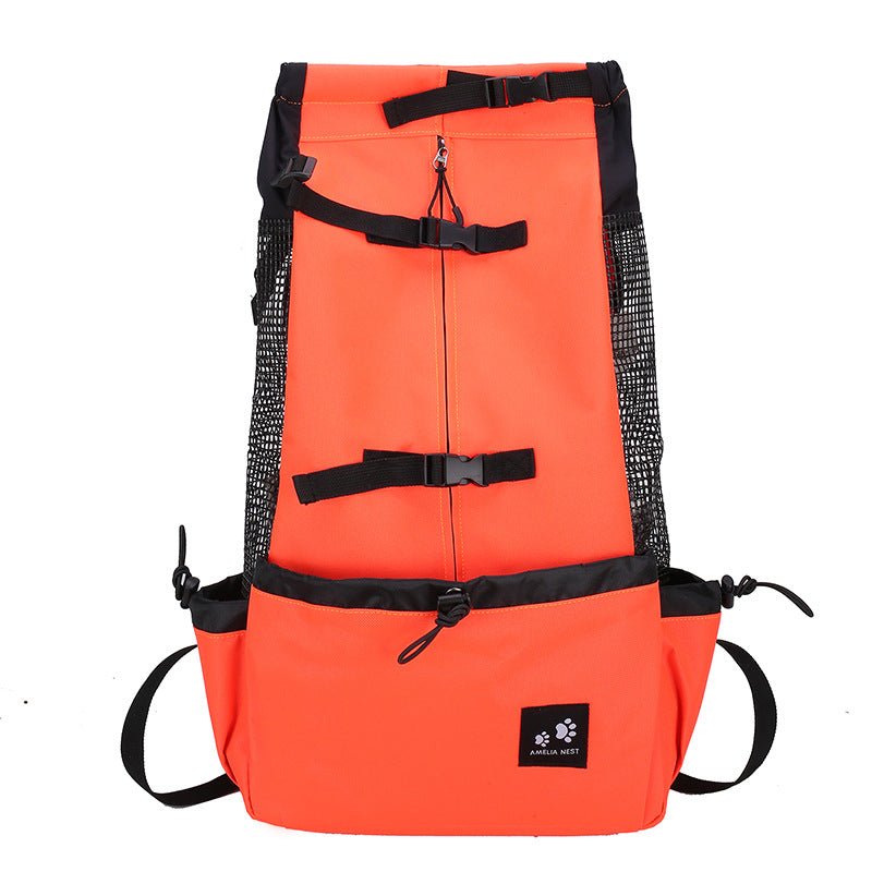 Orange dog backpack carrier on a white background, front view