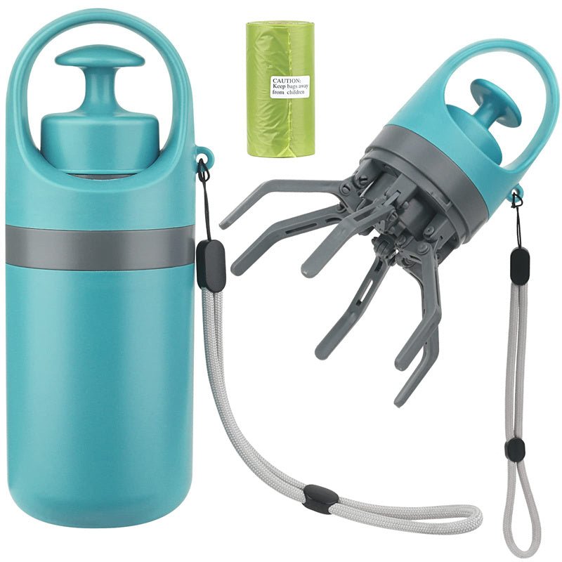 Teal and grey dog poop picker shown closed and open with eight grey claws, a lanyard and a green bag roll