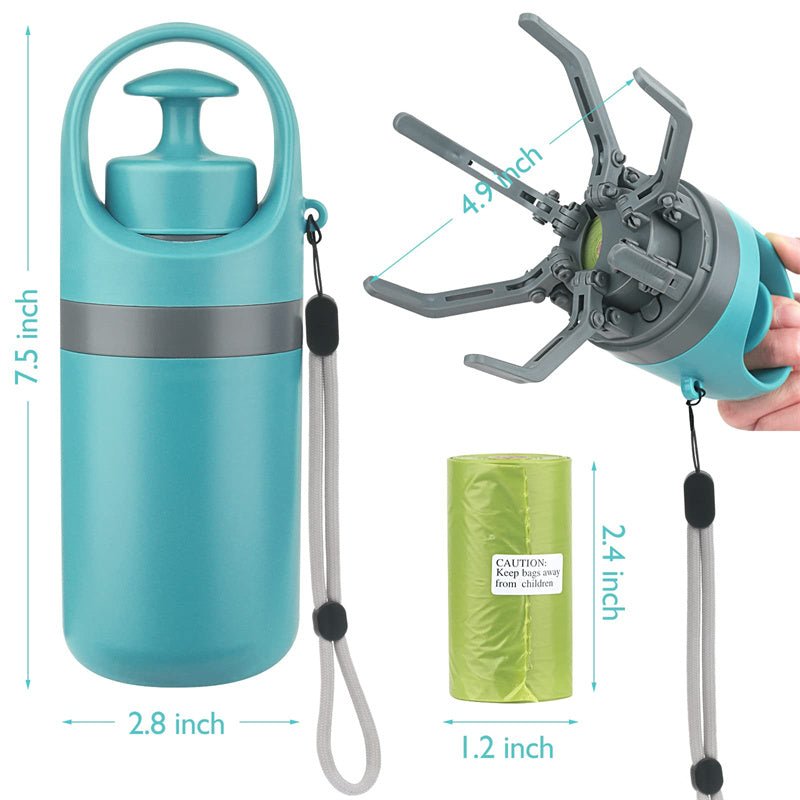 Dog poop picker with printed measurements: 7.5 inch tall, 2.8 inch wide, claws open 4.9 inch, next to a bag roll