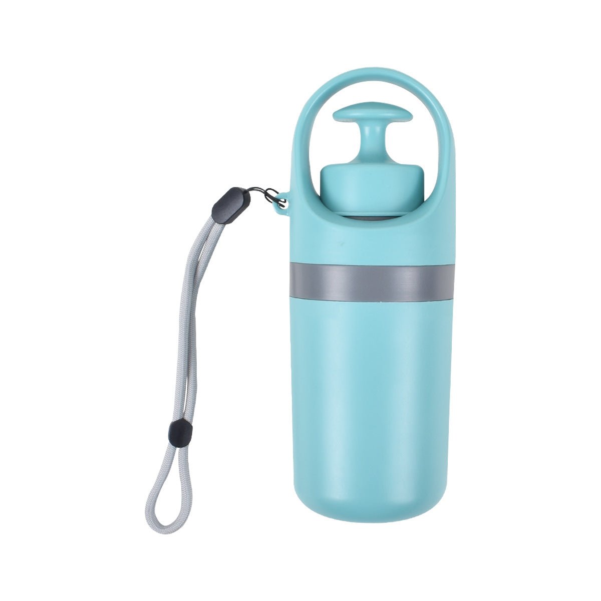 Closed teal dog poop picker with a grey band and a grey wrist lanyard