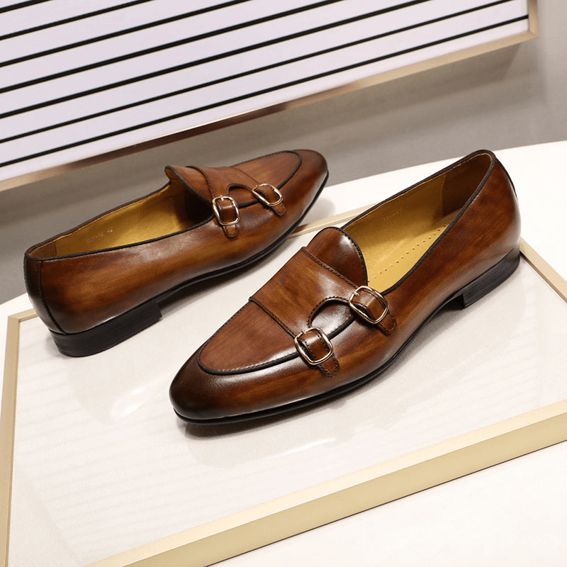 Double Buckle Cowhide Leather Shoes - WowStore.live
