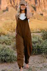 Double Take Full Size V-Neck Sleeveless Jumpsuit with Pockets in black — versatile women’s jumpsuit