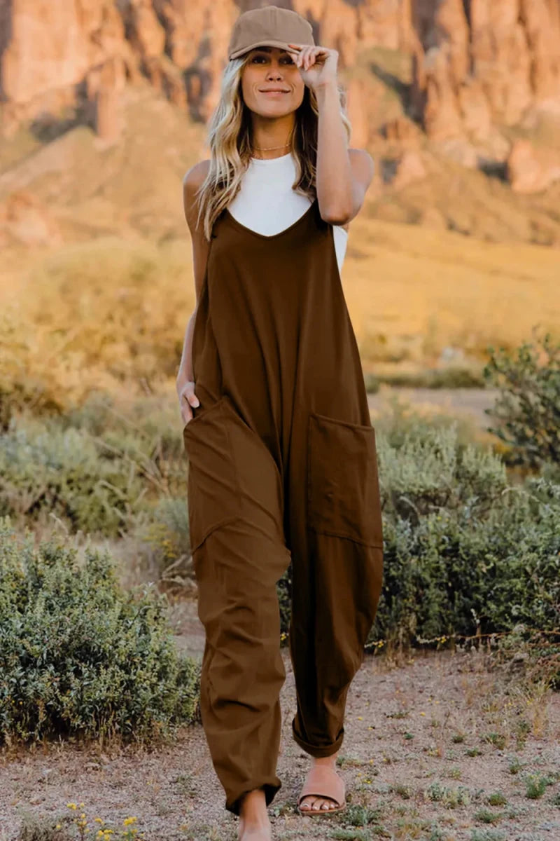 Double Take Full Size V-Neck Sleeveless Jumpsuit with Pockets in black — versatile women’s jumpsuit