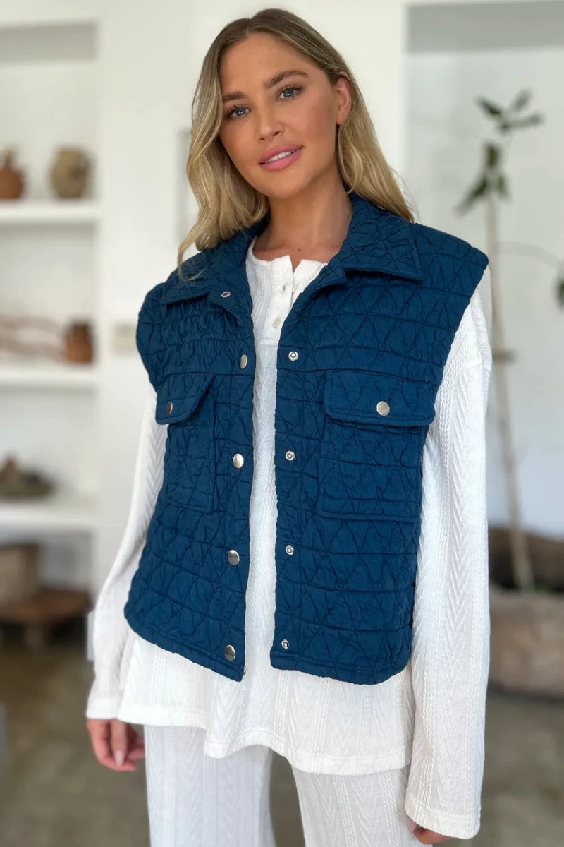 Double Take Pocketed Texture Snap Down Vest Coat - WowStore.live