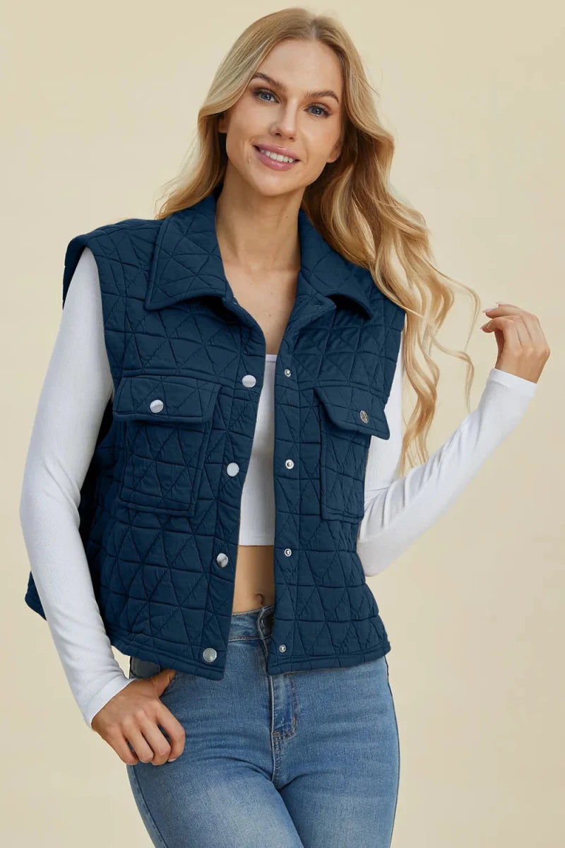 Double Take Pocketed Texture Snap Down Vest Coat - WowStore.live
