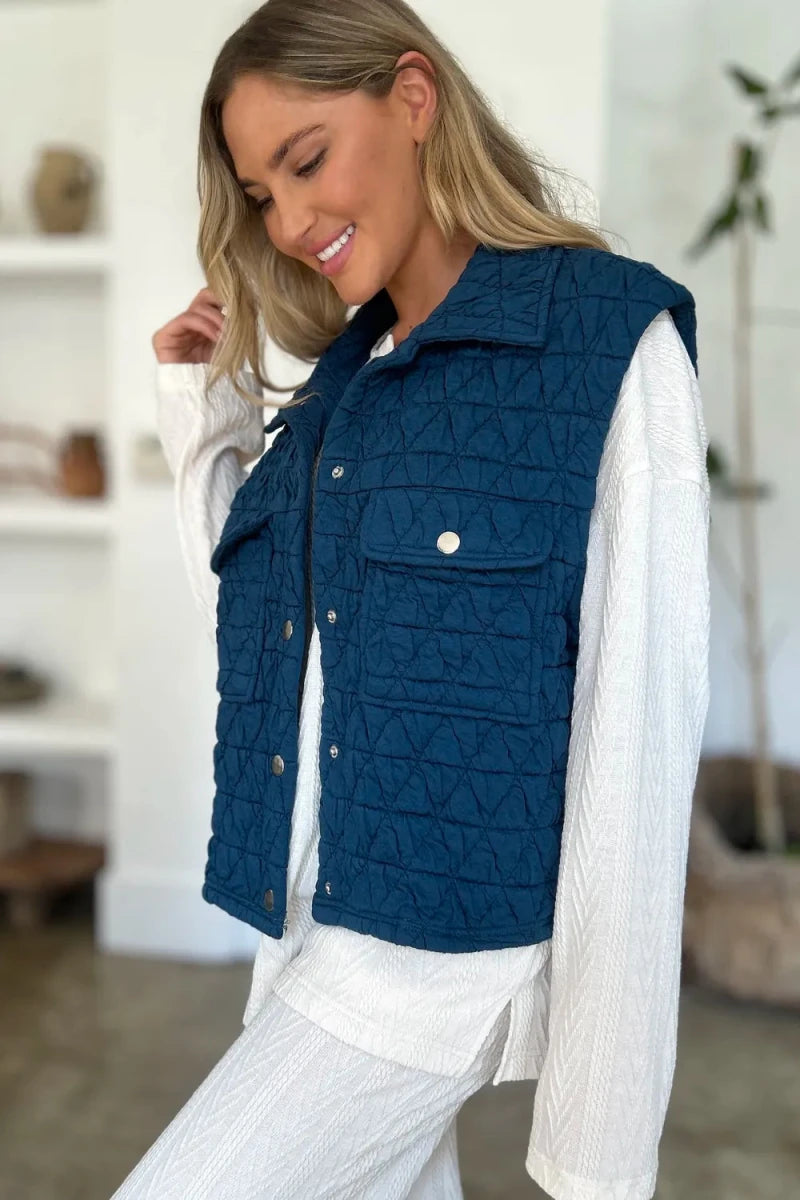 Double Take Pocketed Texture Snap Down Vest Coat - WowStore.live