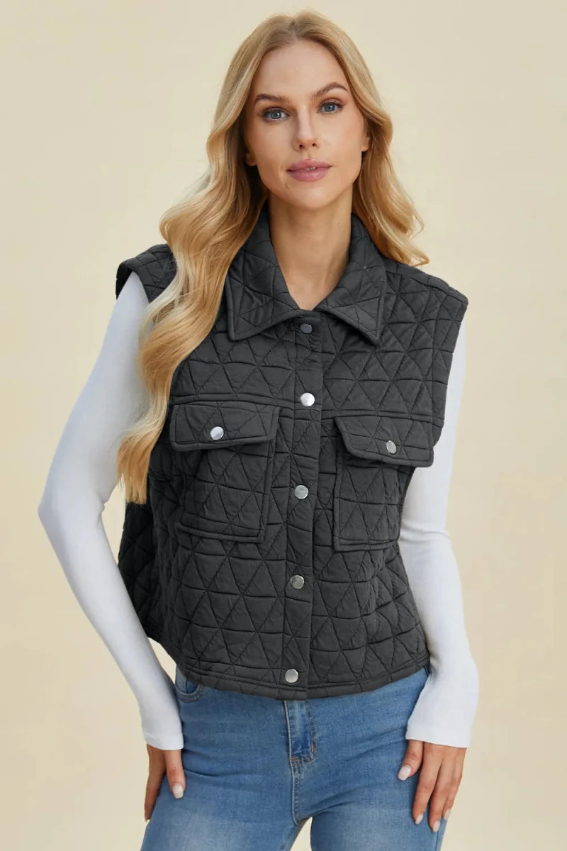 Double Take Pocketed Texture Snap Down Vest Coat - WowStore.live