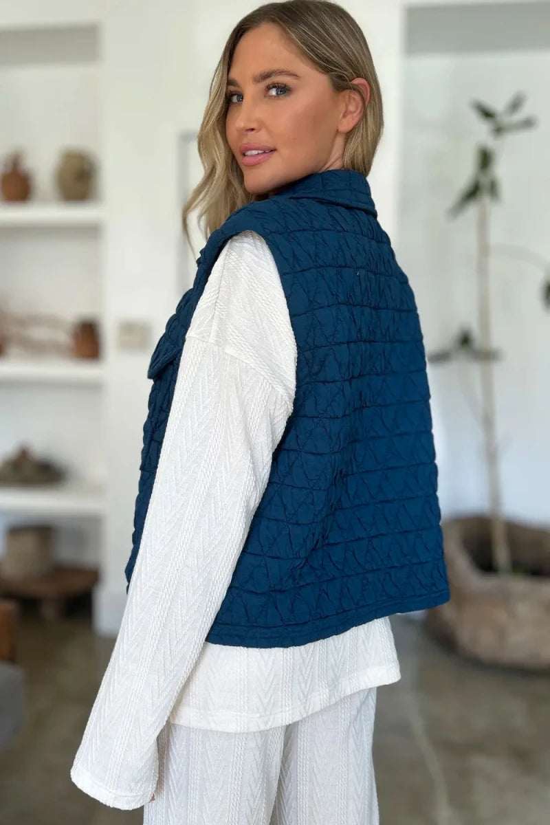 Double Take Pocketed Texture Snap Down Vest Coat - WowStore.live