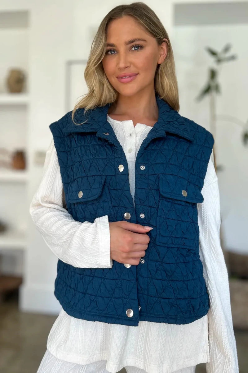 Double Take Pocketed Texture Snap Down Vest Coat - WowStore.live