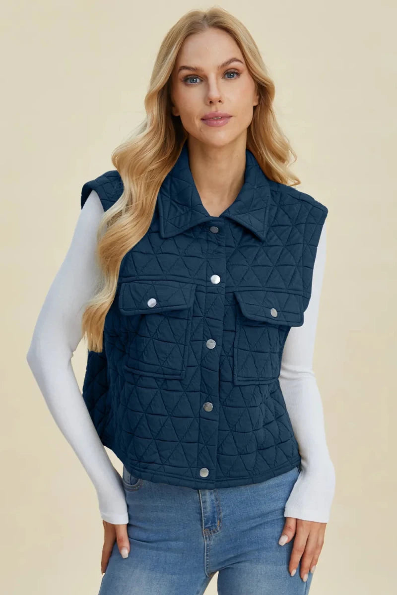 Double Take Pocketed Texture Snap Down Vest Coat - WowStore.live