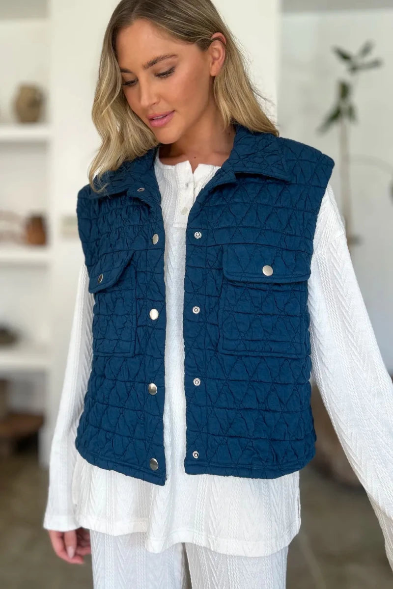Double Take Pocketed Texture Snap Down Vest Coat - WowStore.live