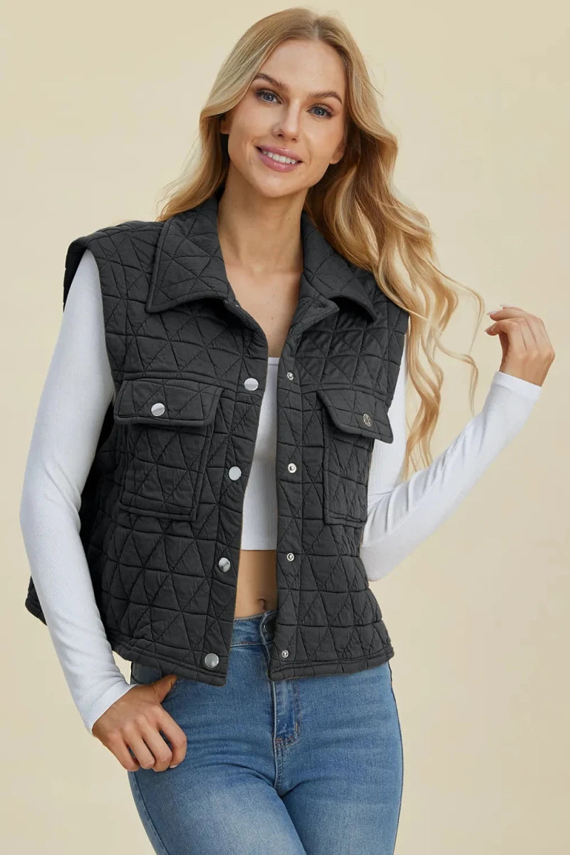 Double Take Pocketed Texture Snap Down Vest Coat - WowStore.live