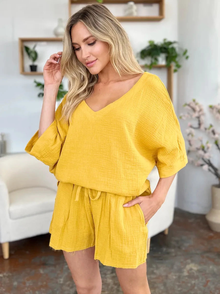 Double Take Texture Half Sleeve T-Shirt and Drawstring Shorts Set - Wow Store